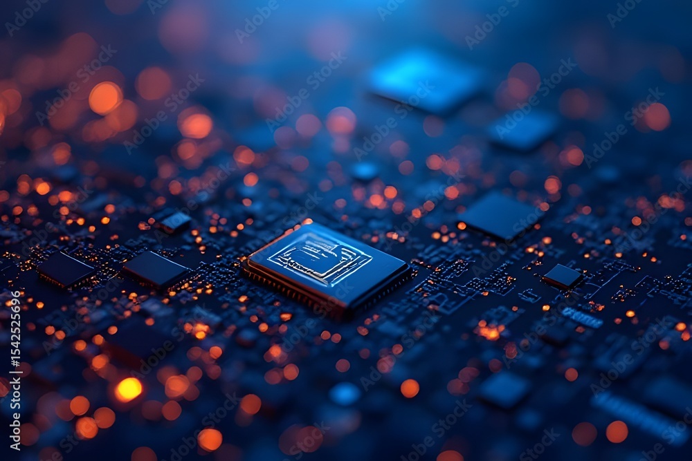 Poster a mesmerizing close up showcases a central computer chip bathed in a blue and orange glow, surrounde