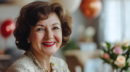 Portrait of a smiling older woman with flowers and balloons in the background. Image for birthday, celebration, happiness, and senior lifestyle.