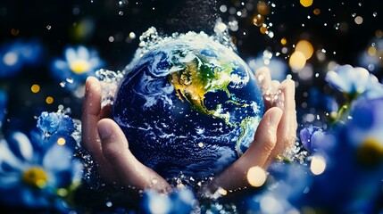 Hands holding Earth, water splashing, flowers, dark background, environmental conservation