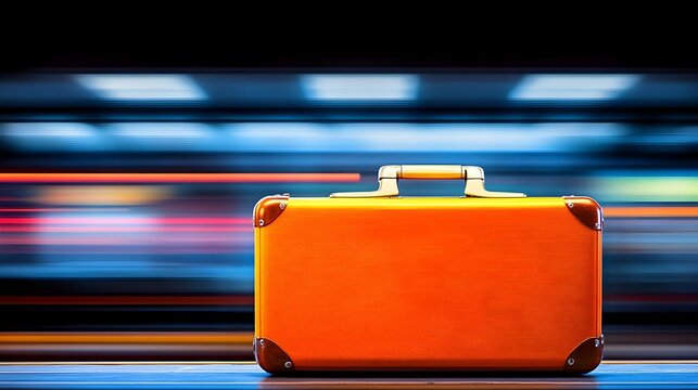 Orange suitcase awaits train, city lights blurred
