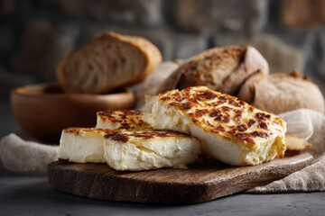 Wooden board with halloumi cheese curds and bread against a stone wall