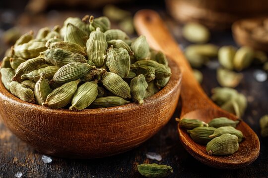 Wooden bowl and spoon with green cardamom Dried spice and close up of seeds
