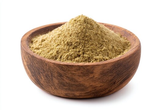 Wooden bowl of coriander powder on white