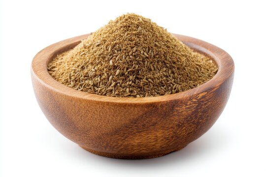 Wooden bowl with cumin powder on white background