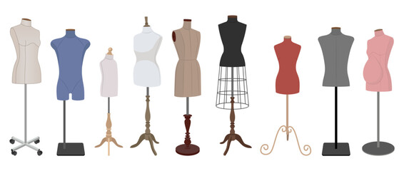 Collection of colorful tailor mannequins with various shapes and bases, including male, female, maternity, and child dress forms. Vector illustration on white background.