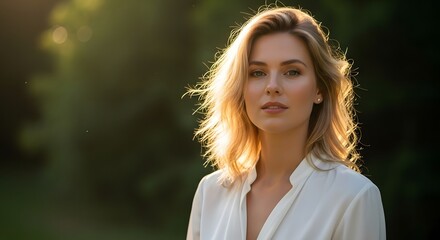 Naklejka premium Golden Hour Portrait Woman with Blonde Hair and Serene Expression
