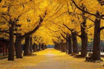 Fototapeta premium Yellow ginkgo trees lined up in Nami Island Korea