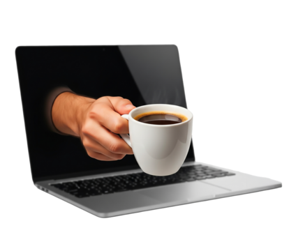 Hand offering coffee through screen - isolated on transparent background