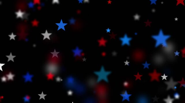 Twinkling stars in red white and blue on black background. Festive backgrounds of star particles for USA celebrations 4th of July, Memorial Day, Veteran's Day, or any patriotic US American holidays.