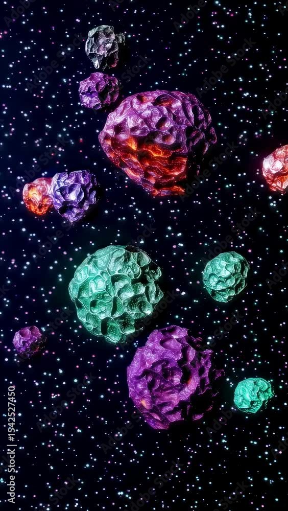 Poster colorful asteroids floating in a starry space background with vibrant textures
