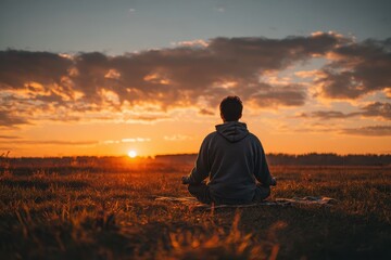 Young man practicing meditation in a grassy area during sunset