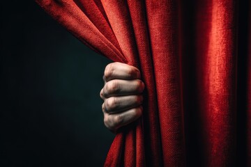 Zoomed in shot of a hand parting a red curtain Space for text