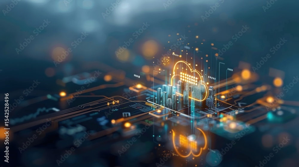 Poster digital cloud computing innovation in urban business environments with futuristic technology visuali