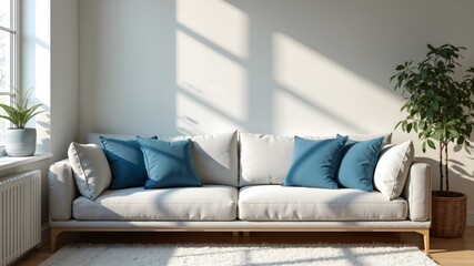 Fototapeta premium Interior of a bright living room with a sofa with blue soft pillows, a soft carpet and a window 