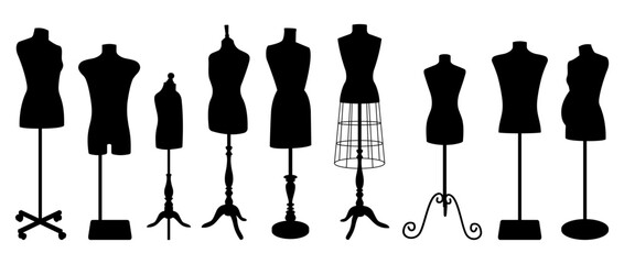 Set of black dressmaker mannequins with various stand designs. Silhouettes of tailor dummies for fashion, sewing, or boutique design on white background.