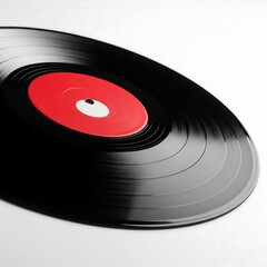 Vinyl record with a red label. The record is black and has a glossy sheen, resting on a white surface.