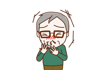 （上半身正面）風邪をひいて激しいくしゃみと鼻水がでる高齢の男性