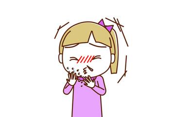 （上半身正面）風邪をひいて激しいくしゃみと鼻水がでる白人少女