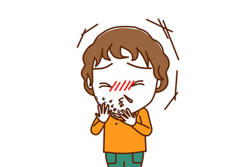 （上半身正面）風邪をひいて激しいくしゃみと鼻水がでる白人少年