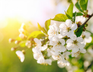 Beautiful cherry tree with tender white flowers blooming in spring sunlight, creating serene and vibrant atmosphere. delicate petals and lush green leaves enhance natural beauty of scene