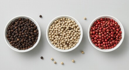 Three bowls containing black, white, and pink peppercorns on a grey surface, shot from above. A collection of culinary spices.