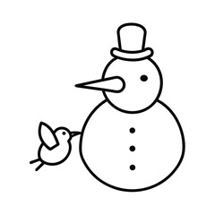Charming winter illustration of a snowman with a small bird perched on its carrot nose