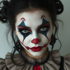 Payaso gótico femenino con mirada intensa y melancólica