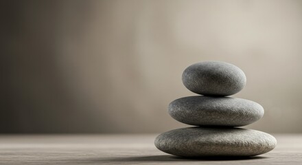 Calm and balance symbolized by a stack of three smooth grey stones. Ideal for concepts of meditation, mindfulness, spa, zen, peace, and wellness, set against a soft, blurred background on wood.