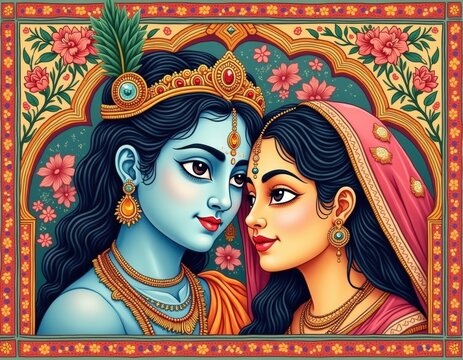 Radha Krishna in Pattachitra Style with Mythological Detailing and Decorative Borders