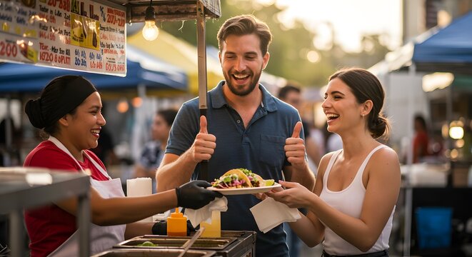 Happy couple enjoys delicious street tacos from a food vendor at a vibrant outdoor market - Powered by Adobe