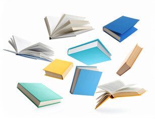 Colorful hardcover books are flying through air against white background, creating vibrant and dynamic scene that evokes sense of imagination and creativity