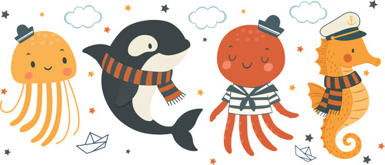 set of characters, sea animals wearing marine clothes, orca, octopus, jellyfish kids ilustration