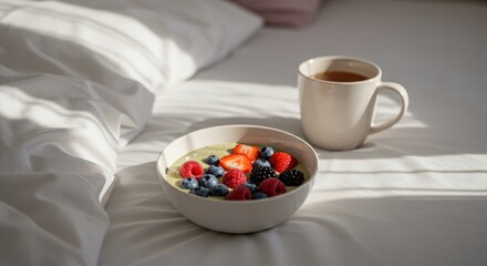 Cozy morning breakfast in bed featuring a vibrant bowl of berries and smoothie with a mug of hot tea, illuminated by warm sunlight and palm leaf shadows on crisp white sheets.