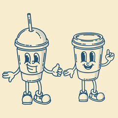 Smiling friendly coffe to go with straw character mascot in shoes. Coffee shop mascot symbol. Finger up, hand up