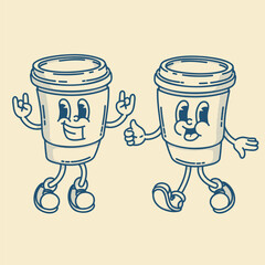 Smiling friendly coffe to go character mascot in shoes. Coffee shop mascot symbol. Hands up, finger up