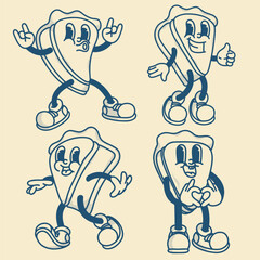Happy retro mascot piece of pie character, smiling, giving a thumbs up, heart gesture, rock. Menu, homemade bakery symbol