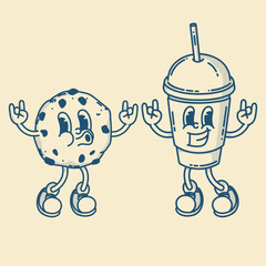 Happy retro mascot cookie and coffee to go character, smiling, thumb up gesture. Menu, homemade bakery symbol