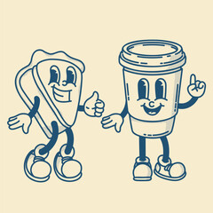 Happy retro mascot piece of pie and coffee to go character, smiling, thumb up gesture. Menu, homemade bakery symbol