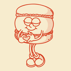 Happy retro mascot french sweet macaroon character, smiling, love gesture. Menu, homemade bakery symbol