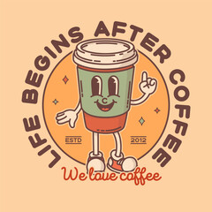 Coffee to go shop promo banner flyer signboard logo template. Retro coffe to go mascot