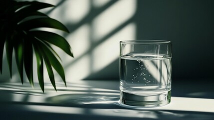 A glass of water sits on a white surface, bathed in sunlight and shadows cast by a tropical leaf.  Air bubbles gently rise