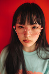 close-up of a serious beautiful asian girl with long straight black hair 