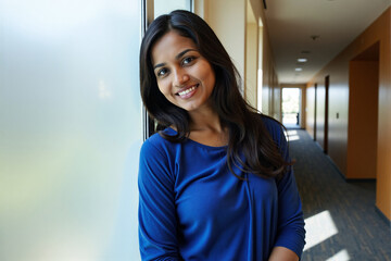Young Indian professional woman smiling at camera with confidence while standing in modern office hallway, representing diverse and successful workforce