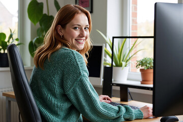 Woman looking over her shoulder and smiling while working at computer in bright, green office with many plants, enjoying positive and healthy work environment