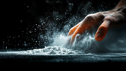 A hand gently dispersing flour, creating a dramatic cloud of dust