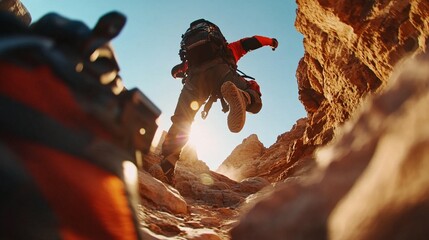 A hiker leaps through a rocky canyon, sunlight streams down
