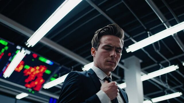 Stressed financial analyst loosening tie in front of volatile market heat map