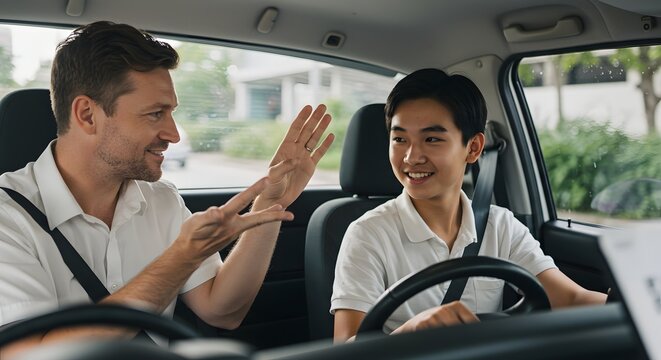 Driving instructor guides young student during lesson car safety road driving education learning