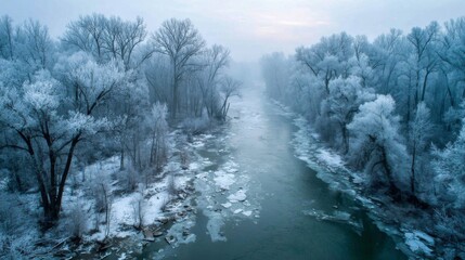 Fototapeta premium Aerial View of a Snow Covered River and Forest