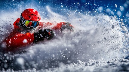 A skier in vibrant red gear, powerfully carving through deep powder snow.  Dynamic action shot in intense sunlight